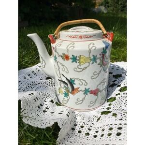 Vintage Famille Rose Porcelain Teapot Butterfly Floral Chinoiserie Wicker Handle